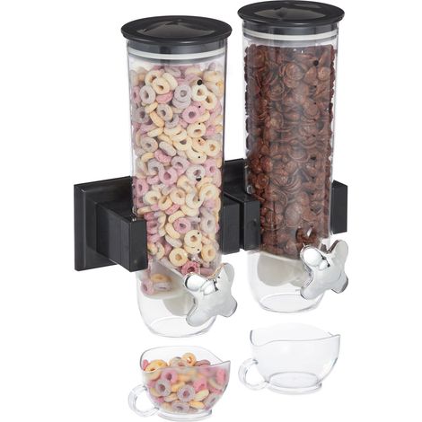 Relaxdays Dispensador Cereales Doble, Montaje Pared, Dosificador Frutos Secos, Botes Caramelos, Avena, Plástico, Negro (1/5)