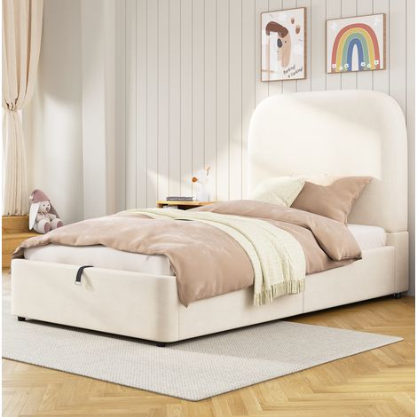 Cama arcón 90 x 200 cm hidráulica con somier, cabecero tapizado, terciopelo beige HAVRYA (1/5)