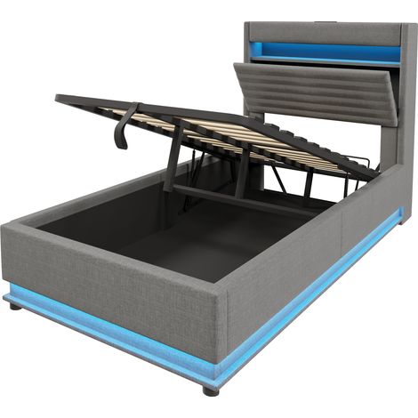 Cama con almacenaje capitoné 90x200 cm gris con USB/Type-C, LED y elevación hidráulica HOMVRA (1/5)