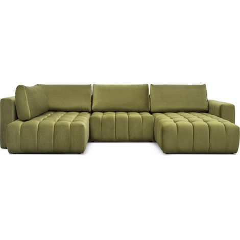 Sofá de esquina BONITA convertible 6 plazas verde caca de oca efecto terciopelo – derecho – 350x175cm