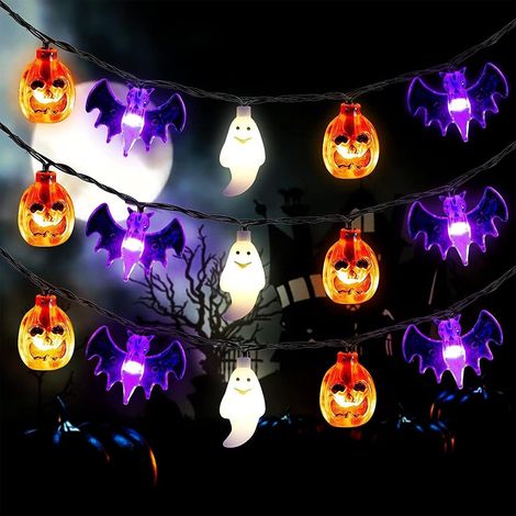 Halloween Decoration Lumineuse 20 LED 3m Décorations À Piles Pour Fête Citrouille Fantôme Chauve-Souris Lumiere Halloween Pour Jardin Pour Intérieur