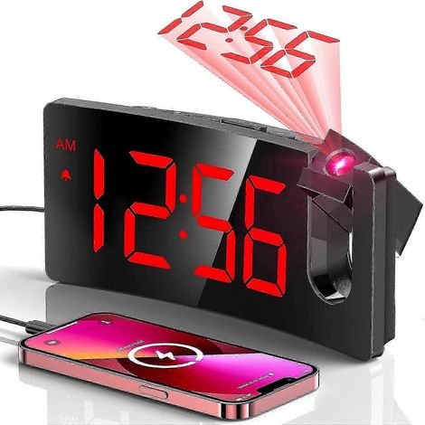 Réveil à projection rotatif à 180° avec 3 niveaux de luminosité, idéal pour les chambres, chiffres rouges et projection rouge. (1/5)