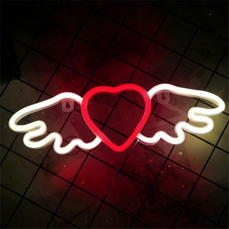 Luminaire Néon Cœur Ailes - LED Rouge - Décoration Murale Intérieure - USB ou Piles - 36 x 12 cm - Pour Chambre Salon Fête Saint-Valentin (1/5)