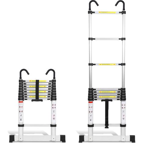 Wolketon Profi Teleskopleiter 2,6M Silber Aluminium 150kg Tragkraft Mehrzweckleiter rutschfeste Gummifüße mit Stabilisator und Abnehmbaren Haken