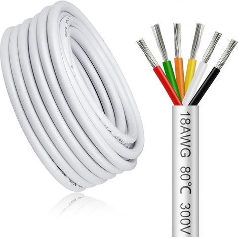 Câble électrique 5 mètres 18 AWG 6x0,75mm² à 6 conducteurs, blanc fil de cuivre étamé flexible, impédance faible, compatible alimentation LED 5V / 12V / 24V, résistance aux hautes températures (1/5)