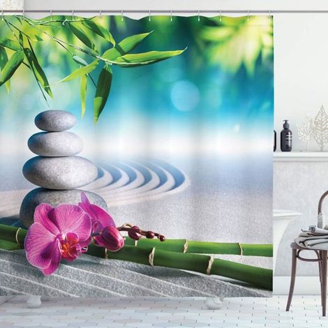 Rideau de douche Bambous pierres fleurs style de zen anneaux inclus 3D imperméable 180 x 200 cm (1/4)