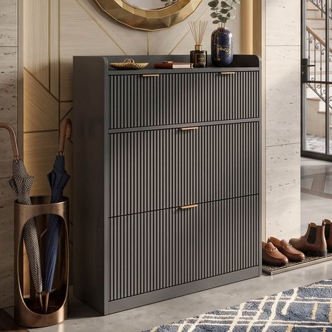 Creahappy Meuble à Chaussures 2 Tiroirs 2 Portes Battantes 80x24x110 cm - Rangement Étroit Entrée Gain de Place - Façade Cannelée Poignées Dorées Noir (1/5)