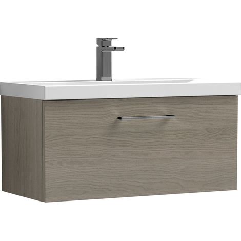 Balterley 800mm Wall Hung Bathroom 1 Drawer Vanity Unit and 1 Tap Hole Ceramic Basin, Woodgrain Mid Oak with Brushed Pewter Handle (1/5)