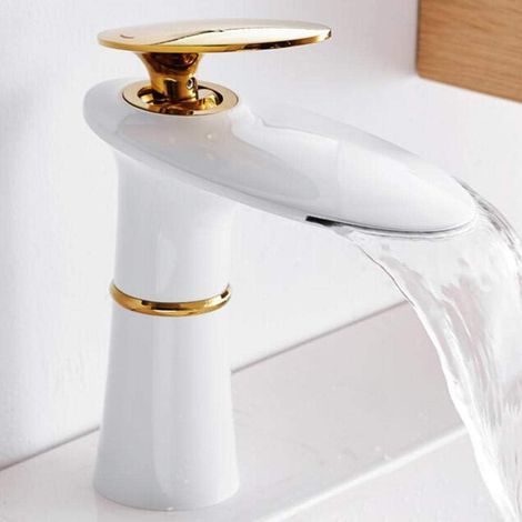 Chrome-plated white washbasin tap, hot/cold waterfall mixer in brass for modern bathroom (1/5)