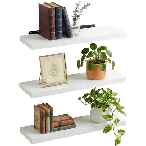 Relaxdays estantería de pared, set de 3, 4x100x23 cm, efecto madera, metal, estantes salón, recibidor, cocina, blanco