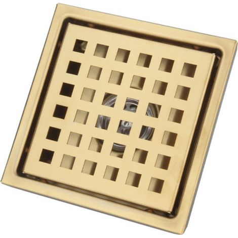 Bonde de douche, filtre à cheveux en acier inoxydable avec neutralisation des odeurs, siphon de sol brossé pour salles de bains, grand diamètre, carré 150 x 150 mm, doré (1/5)