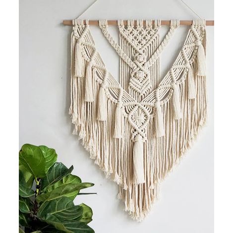 Handgewebter Wandteppich im Bohème-Stil, Pappelholz, beige, 55 x 70 cm (1/5)