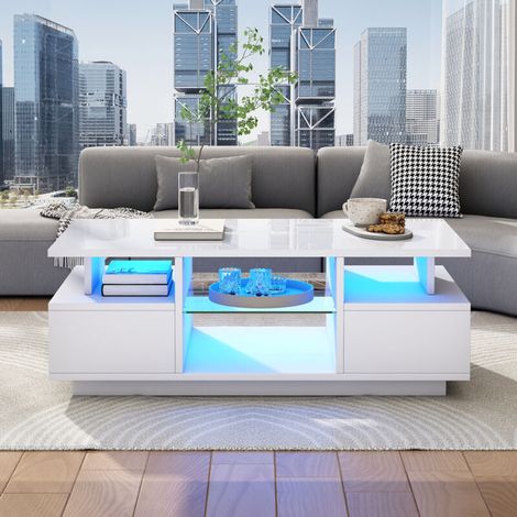 Table basse LED 100 x 50 x 36 cm – 2 tiroirs, étagères en verre, rangement ouvert, blanc brillant – Design lumineux pour salon moderne (1/4)