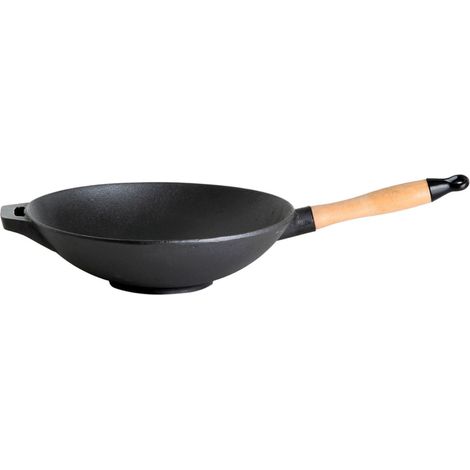 Gusseisenkuss® Gusseisenwok mit Holzgriff Ø 30 cm Gusspfanne Gusseisen Wok (1/5)