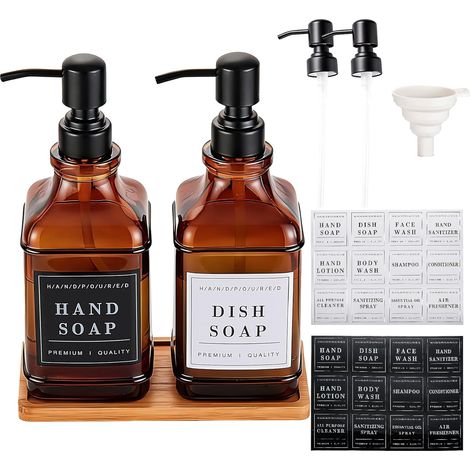 Distributeurs de Savon en Verre, 2 Pack 500ml Distributeur de Savon de Salle de Bain avec Marron Pompe en Acier Inoxydable Antirouille, pour Salle de Bain, Cuisine, Décoration'Parent'Ambré + Noire Pom (1/5)