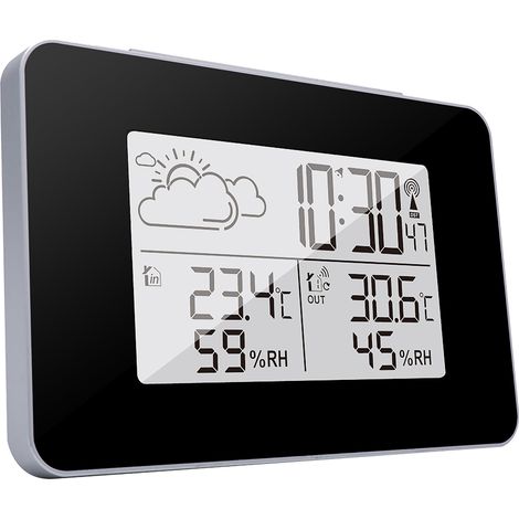 Station météo sans fil avec capteur extérieur, réveil radio-piloté DCF, thermomètre hygromètre intérieur extérieur, rétroéclairage, noir (1/5)