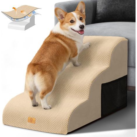 Hundetreppe mit 3 Stufen, hochdichtem Schaumstoff, rutschfester Oberfläche, für Sofa und Bett, Beige (1/5)