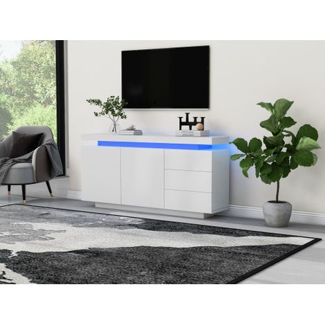 Buffet de salon moderne — Grand meuble sur pied doté de doubles portes, trois tiroirs, une finition haute brillance, un éclairage LED et un design sans poignées — Blanc