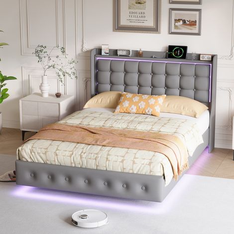 BLANKETSWARM - Lit double flottant 160 x 200 cm, Cadre de lit flottant – Éclairage LED ajustable - USB - Acier robuste - Velours - Gris (1/4)
