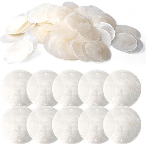 Set di 100 dischi di madreperla naturale, ciondoli rotondi a forma di conchiglia, 50 mm con fori, dischi rotondi a forma di cappuccio di conchiglia, campanelli a vento in conchiglia, perline a forma d