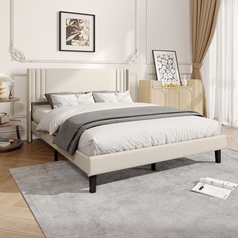 Lit double rembourré 140x200 cm,lit plateforme en tissu de lin minimaliste moderne,sommier à lattes,tête de lit capitonnée en lin,Beige (1/5)