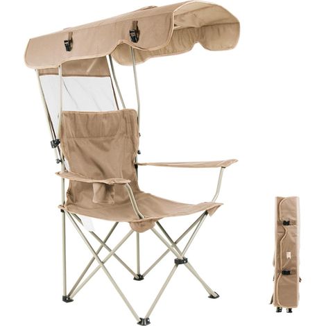 Portable Folding Chair with Retractable Canopy, Outdoor Chair, Beach, Camping, Lawn, Sturdy, Reinforced Beef Fabric Frame, Cup Holder for Garden, Picnic, Fishing (1/5)