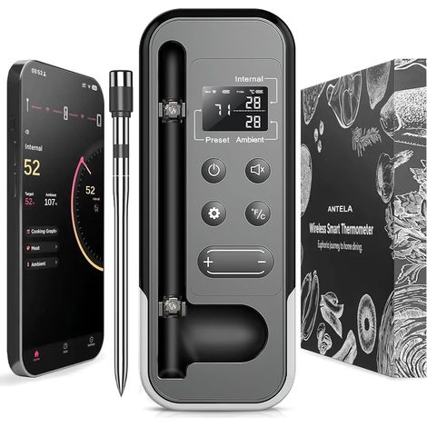 Thermomètre à Viande Intelligent Sans Fil, Bluetooth 5.3, Écran LCD, Contrôle APP Minuterie et Alarme, pour Gril, Four, Cuisine, Barbecue (1/5)
