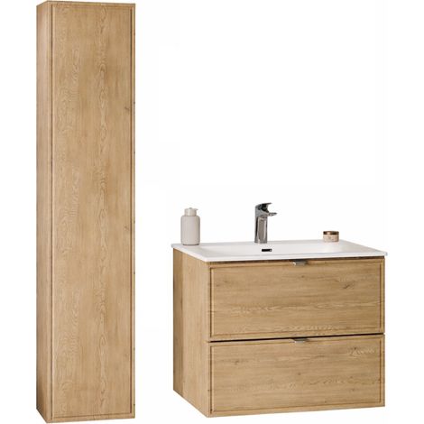 Ensemble Meuble Vasque 60 cm + Vasque + Colonne - L 60 x P 46 x 51,5 cm - Caldera Clair - Livraison gratuite