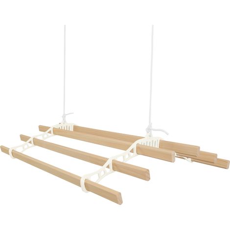 Tendedero de Techo con Sistema de Poleas en MARFIL y 6 Listones de Madera 0.9m Capacidad de peso de 30 kg Kit Fijación GRATIS Tendedero Colgante Secadora Estructura p/ Colgar Secar Ropa Colgador
