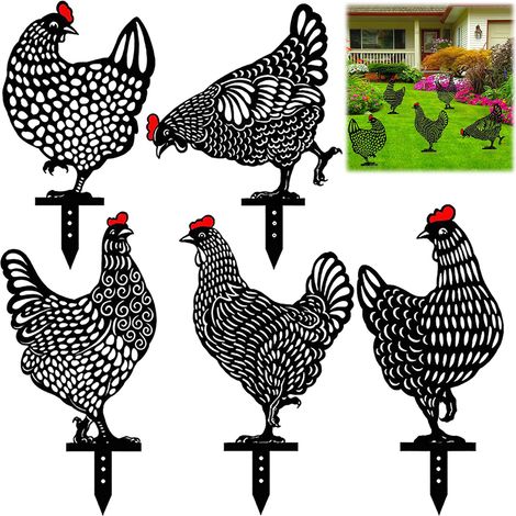 5pcs décoration de poulet de jardin, décoration de jardin réaliste en acrylique creux carte de poulet noir (1/4)