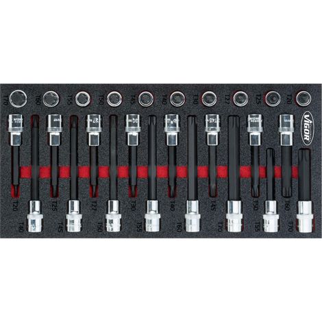 VIGOR Schraubendrehereinsatz Satz, 1/2 (12,5 mm) Vierkant hohl, Innen TORX Profil, 26-tlg., T20 - T70, Anzahl Werkzeuge: 26 (1/3)