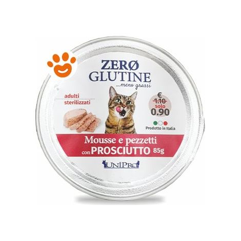 Unipro Cat Zero Glutine Adult Sterilizzato Prosciutto - Vaschetta 85 Gr -