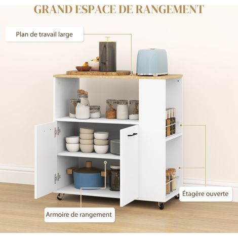 Desserte Cuisine Îlot Central Mobile avec Roues Plan de Travail Réglable Étagère 75x40x80,5cm Blanc Rangement Pratique (1/5)