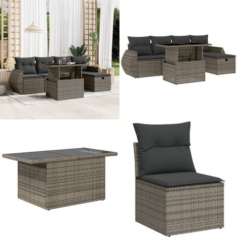 Salon de jardin 6 pcs avec coussins gris résine tressée - Ensemble Salon De Jardin - Mobilier De Jardin - Table Extensible - Chaise Lounge - Set De Jardin - Home & Living (1/5)