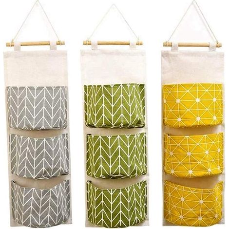 KAHEIGN 3 Bolsas de almacenamiento colgantes de pared，60x20cm，Organizador colgante de bolsillo ancho de tela de lino impermeable para dormitorio (1/5)