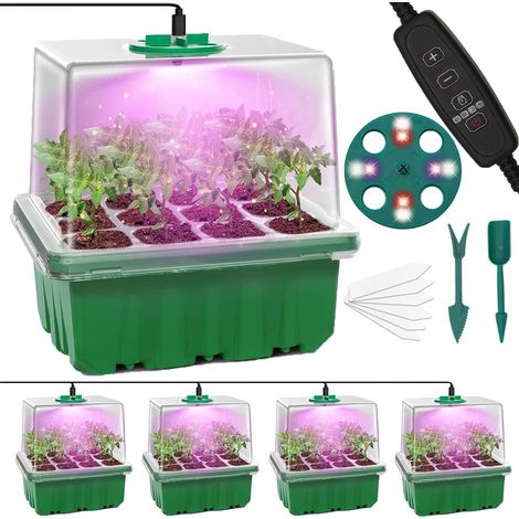 Seed Tray with Grow Light, 5 Pieces of 60 Cells Mini Greenhouse Germination Trays with Adjustable Growth Light 2 Meters Timing Controller (1/5)