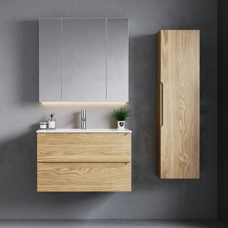 Ensemble meuble simple vasque encastrée 80cm et colonne Viggo Bois (1/5)
