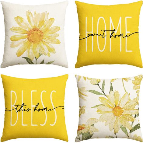 Set mit 4 dekorativen Kissenbezügen für Sofa und Wohnzimmer, 45 x 45 cm, sonnengelb, Gänseblümchen, gelb