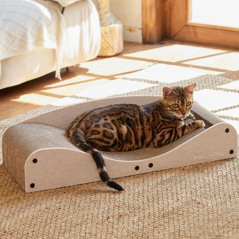 Canapé griffoir pour chat ergonomique avec balle interactive, lit de repos et surface à gratter en carton haute densité (1/5)