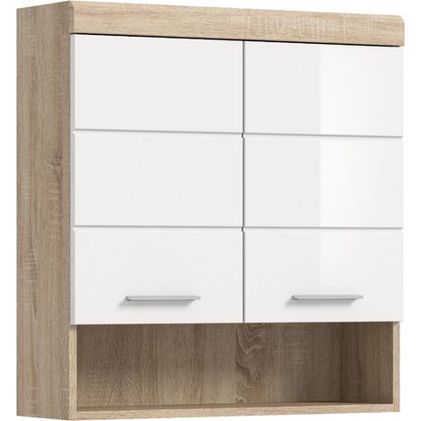 Lambada Badschrank Wandhängend 2 Türen, 3 Spiegeltüren, 1 Regal Weiß hochglanz, Eiche Dekor.