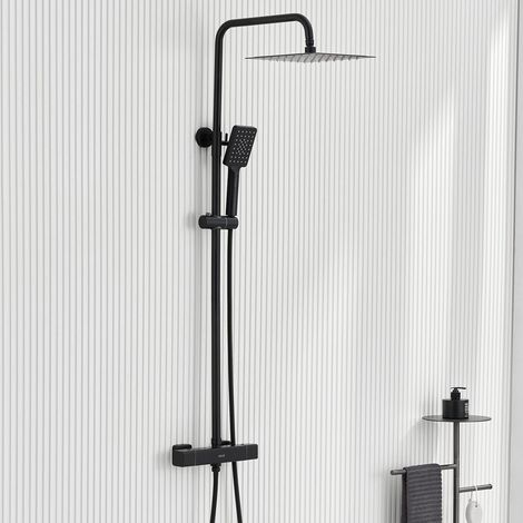 Colonne de Douche Thermostatique,Colonne de Douche Noir avec Mitigeur Thermostatique Mural, Hauteur Réglable Ensemble de Douche Salle de Bain, Tête de Douche Carrée 25X25cm, Douchette 3 Jets