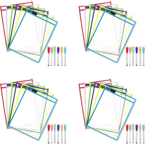Pochettes EffaçAbles à Sec RéUtilisables, Paquet de 24 Pochettes EffaçAbles à Sec RéUtilisables, Protecteur de Feuille de Couleurs Assorties, Pochettes EffaçAbles à Sec (1/5)
