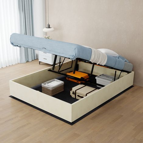 Cadre de lit moderne minimaliste 140 x 200 cm beige en velours hollandais avec vérins à gaz, sommier inclus, sans tête de lit (1/4)