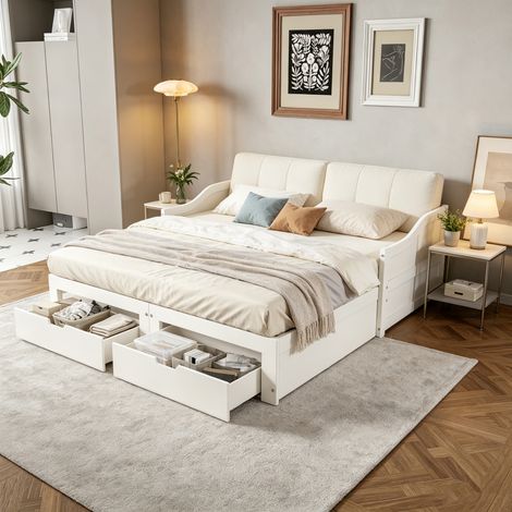 JOOKGBD - Canapé Lit Convertible 90/180x200 cm, Lit de Jour, Lit Simple et Double, avec 2 Tiroirs de Rangement, Sommier à Lattes Inclus, Cadre en Bois Massif, Blanc (1/5)