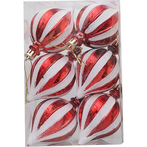 Boule De Décoration De Noël - Boule Brisefeu - Rouge Et Blanc Rayé - 10 cm x 6 cm - Pour Arbre De Noël Porte Fenêtre Ou Plafond - 6 Pièces (1/5)