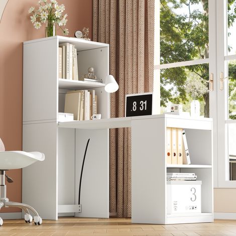Bureau Pliable Blanc 130x51x137 cm – Table + Armoire 4 Rangements