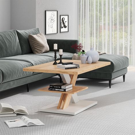 Table basse Arivo, chêne/blanc, 90x60cm avec tablette, Vicco