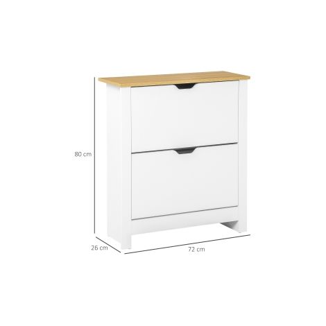 Meuble à chaussures blanc et naturel avec 2 portes abattantes pour 12 paires, rangement compact pour entrée, couloir et vestiaire (1/5)