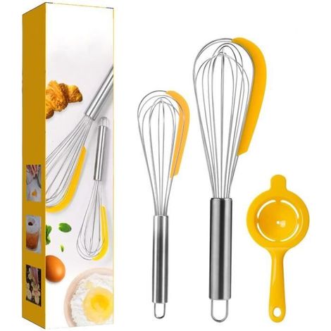 Fouets de Cuisine,2 pièces en Acier Inoxydable Fouet Cuisine et séparateur d'oeufs,Batteur Manuel Fouet en avec grattoir (1/4)