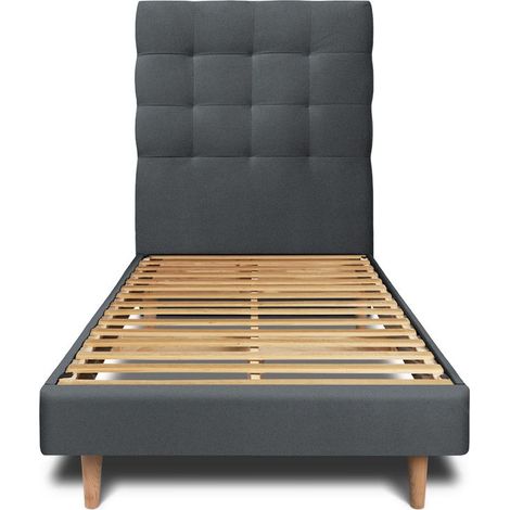 Lit 90x190cm avec tête de lit capitonnée velours et sommier kit gris anthracite - Hauteur totale : 29cm (1/5)